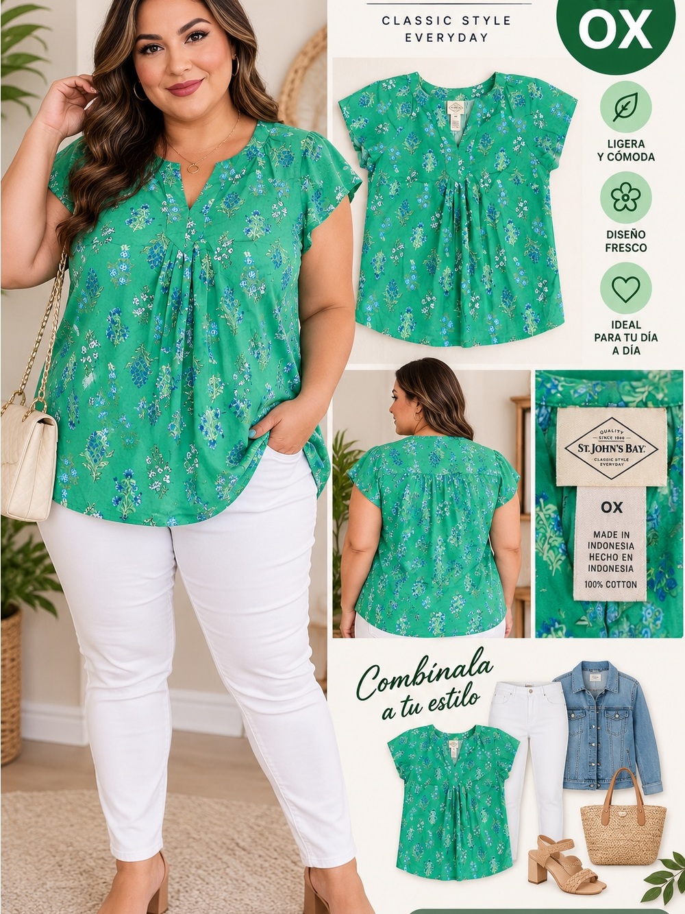 St. John's Bay Green Floral V-Neck Flutter Sleeve Blouse